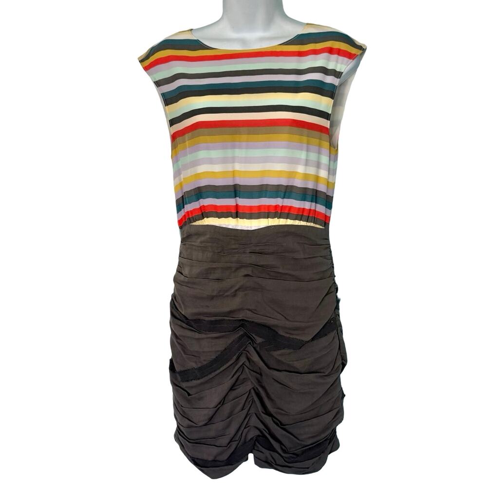 Alice + Olivia Rainbow Stripe Grey Ruched Skirt Bodycon Pencil Dress size S